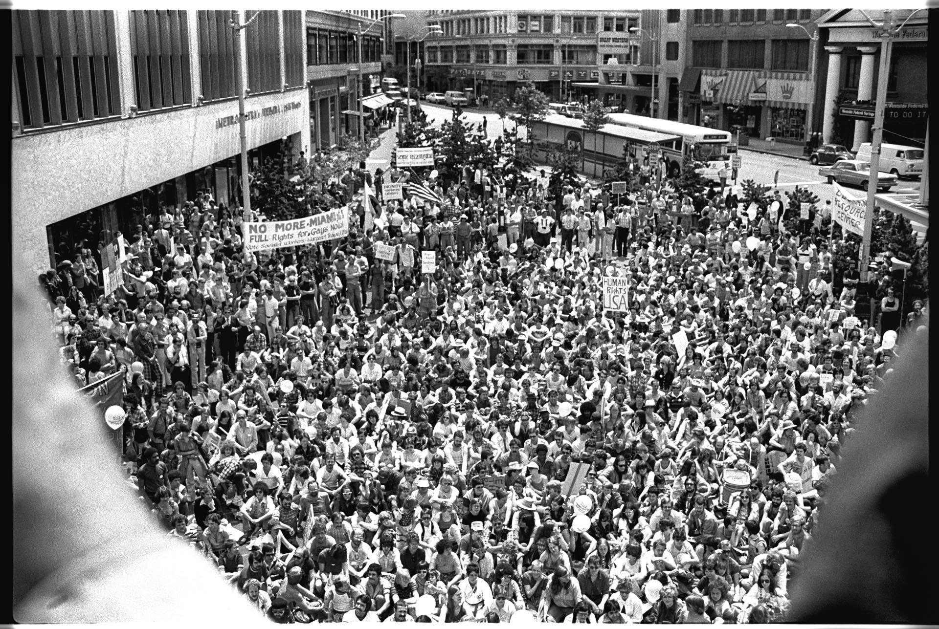 Image of Gay rights rally at Westlake Mall, Seattle, June 25, 1977